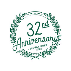 32 years anniversary design template. 32nd anniversary celebration hand drawn logotype. Vector illustration.
