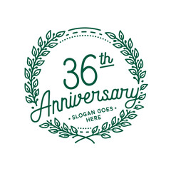 36 years anniversary design template. 36th anniversary celebration hand drawn logotype. Vector illustration.
