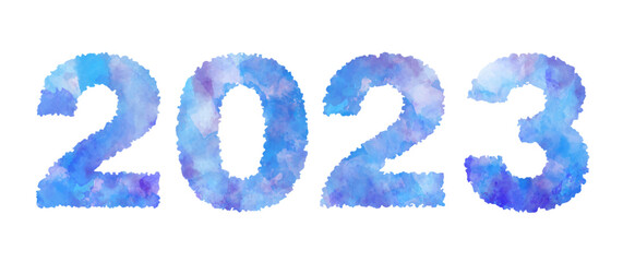 Happy New Year 2023 with brush painted watercolor texture and white backdrop. Blue vector illustration background for new year's eve. Template for new year happy wishes. Hand drawn backdrop for cover.