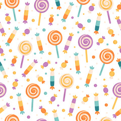 Sweets and candies seamless pattern. Halloween sweets. Flat, hand drawn texture for wallpaper, textile, fabric, paper.  Hand drawn vector illustration