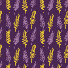 Vector pattern with purple and yellow abstract twigs on a purple background.