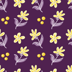 Naklejka na ściany i meble Vector pattern with purple and yellow abstract twigs of leaves and flowers on a purple background