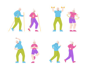 Fototapeta premium Set of elderly people take exercise. Seniors do different activities.