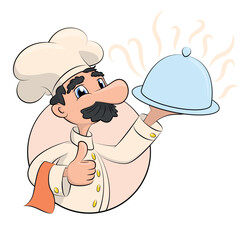 Funny fat cartoon Chief cook character with delicious dish illustration