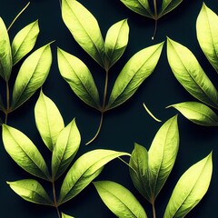 Green leaves with black background seamless pattern