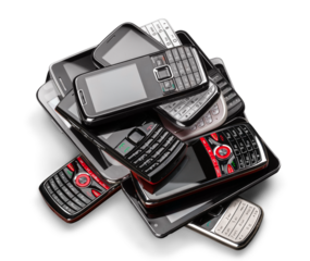 Pile of old smartphones isolated on white background