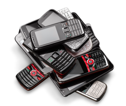 Pile of old smartphones isolated on white background