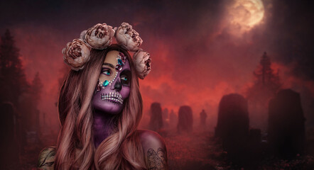 Portrait of glamour evil woman in halloween style with wreath of roses in cemetary.