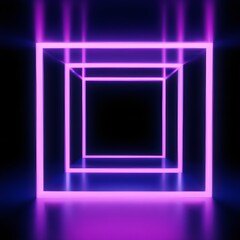 Neon rhombus frame or neon lights sign. Retrowave abstract background, tunnel, portal. Geometric glow outline rhombus shape or laser glowing lines. Background with space for your text