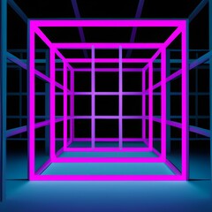 Abstract neon cube brightly shining in dark room. 3D rendered illustration.