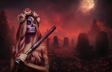 Witch woman with muertos makeup holding club in dark graveyard at night.