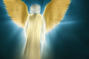 fantasy glowing protective angel with golden wings and blue light
