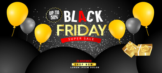 Black Friday Super Sale banner. Realistic 3d design stage podium. black Friday poster background, Open black gift box full of decorative, Golden text lettering, black discount label design.