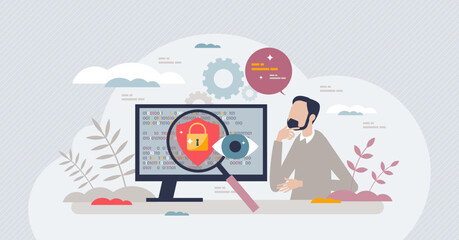 Cyber security course with education about digital safety tiny person concept. Online learning about data encryption, fraud and scam protection and information privacy awareness vector illustration. - obrazy, fototapety, plakaty