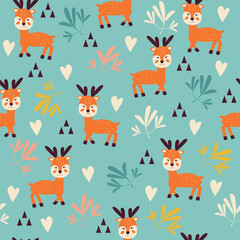 Seamless childish pattern with cute deer in the forest. Creative kids city texture for fabric, wrapping, textile, wallpaper, apparel. Vector illustration.