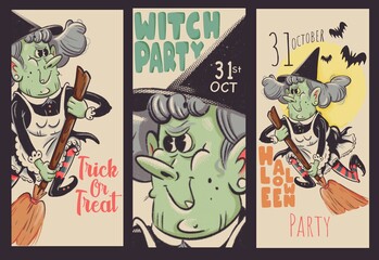 Halloween invitation set. The flyers show an old witch flying with a broom. The witch is wearing a classic cone hat, a black dress and colored bell-striped tights.