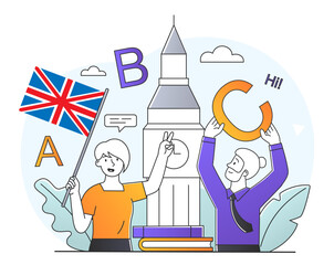 English language lesson. Man and woman with British flag. Advertising poster or banner for website. Education and training. International language for communication. Cartoon flat vector illustration
