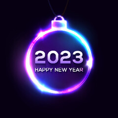 Happy New Year 2023 neon light sign on dark blue background. Christmas decoration glowing frame with shining celebrating text. Greeting card, banner night club design. Bright vector illustration.