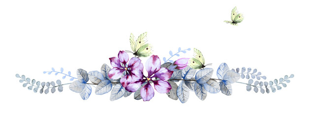 Beautiful floral border with purple fantasy flowers, blue and gray leaves and herbs and sitting and flying yellow lemongrass butterflies isolated on white background. Hand drawn watercolor.