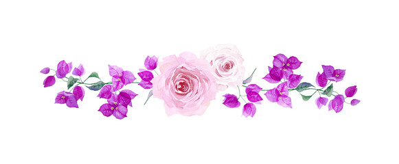 Fototapeta na wymiar Beautiful floral border with purple bougainvillea and pink roses. Branch with exotic flowers and leaves isolated on white background. Hand drawn watercolor.