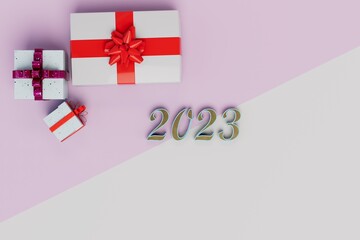 receiving gifts for the new year 2023. boxes with red bows and the inscription 2023. 3D render