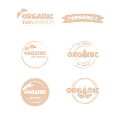 Eco, bio, organic and natural products sticker, label, badge and logo.
Ecology icon. Logo template with peach leaves for organic and eco
friendly products. Vector illustration