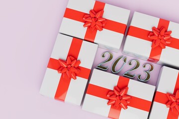 gifts for the new year. gift boxes with red bows around the inscription 2023 on a pastel background. 3D render