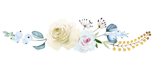 Beautiful floral border with white and pink roses, snowberry branches with leaves and herbs isolated on white background. Hand drawn watercolor.