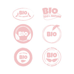 Eco, bio, organic and natural products sticker, label, badge and logo.
Ecology icon. Logo template with pink leaves for organic and eco
friendly products. Vector illustration