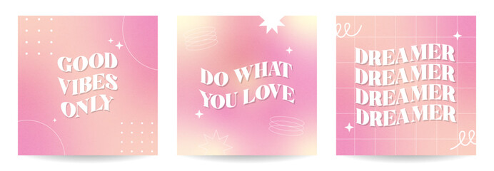 Trendy gradients, typography, y2k greeting cards. Social media posts templates for digital marketing and sales promotion, fashion advertising, Offer social media banners.