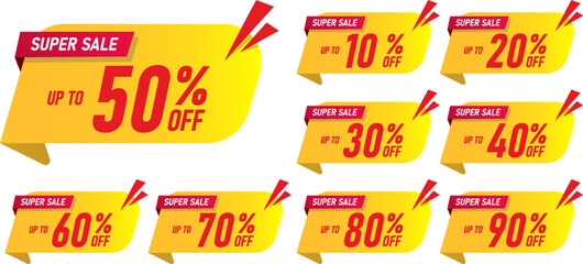 Sale tags set vector badges template, 10 off, 20 %, 30, 40, 50, 60, 70, 80, 90 percent sale label symbols