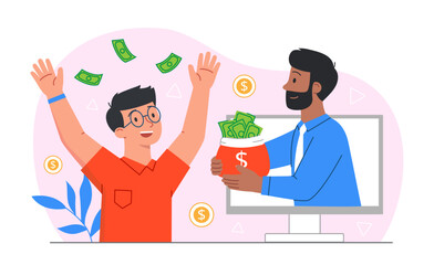 Man holds out bag of money. Young guy handed his lottery winnings. Gambling and games of chance. Advertising poster or banner. Special offer for customers, cashback. Cartoon flat vector illustration