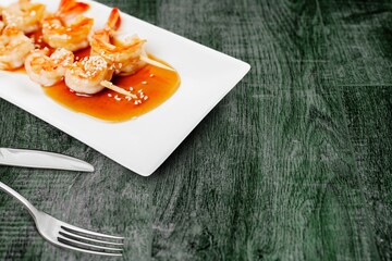 Seafood concept. Tasty dish with a big shrimps