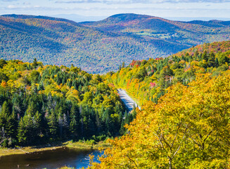 Obraz premium road winds through the Appalachian Gap, a mountain pass in the Green Mountains of Vermont, in bright colored fall foliage 