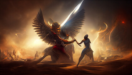 An egyptian angel fights with a warrior. Eternal battle good vs evil. Inspired by Bible and Egyptian religion. Epic war between God and devil. White wings spread wide. apocaliptic scenerio. 