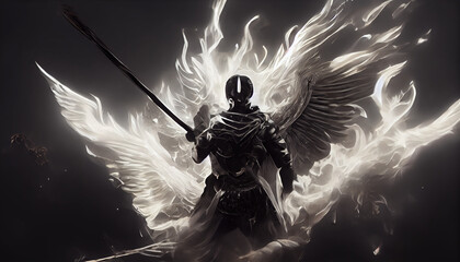 An angel fights with a demon. Eternal battle good vs evil. Inspired by Bible and Egyptian religion. Epic war between God and devil. White wings spread wide. Dark background, apocaliptic scenerio. 