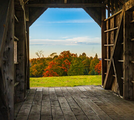 autumn view looking through the AM Foster covered bridge in Cabot, Vermont

