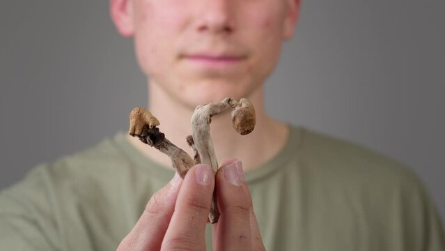Psilocybin psychedelic microdosing. Magic Mushrooms being eaten by a casual man.