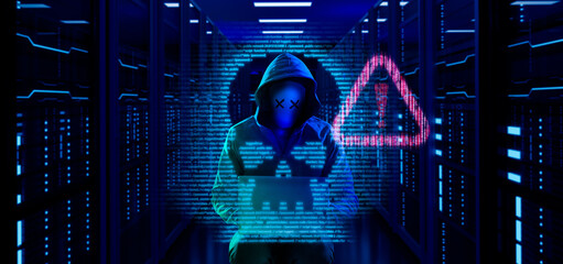 cybersecurity vulnerability Log4J and hacker,coding,malware concept.Hooded computer hacker in...
