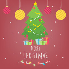 Fototapeta na wymiar Merry Christmas and happy new year background. Cute christmas tree with decorations greeting card. Vector illustration.