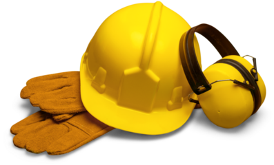 Yellow Safety Helmet with Safety Gloves and Ear Protection