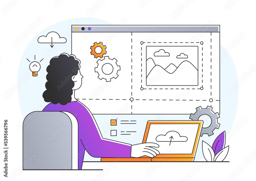 Poster website creator concept. graphic designer develops interfaces for programs and applications. remote 