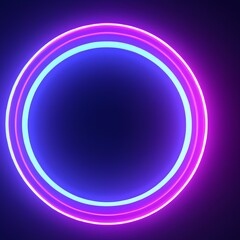 3d render, blue pink neon round frame, circle, ring shape, empty space, ultraviolet light, fashion show stage, abstract background
