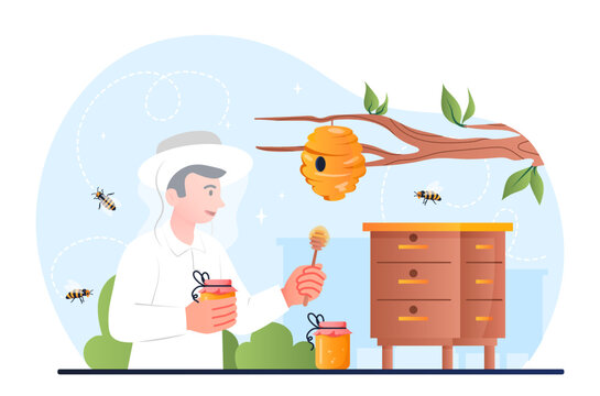 Beekeeper at work. Young guy in protective suit collects honey in apiary, extracts sweet, natural and organic product. Farming and agriculture, harvest, village. Cartoon flat vector illustration
