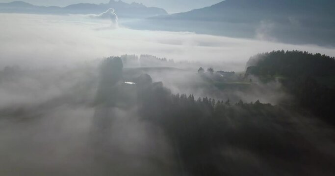 Aerial View of Morning Fog in Kitzbuhel, Austria