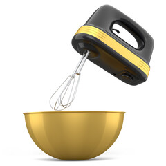 Fototapeta premium Metal bowl with electric mixer kitchen appliance for blending on white table