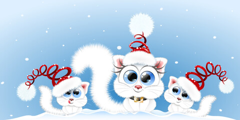 Cute fluffy white cartoon Christmas cat family in in Santa hats under snowfall