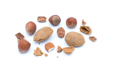 éclats de noisettes et amandes sur fond blanc / slivers of hazelnuts and almonds on a white background