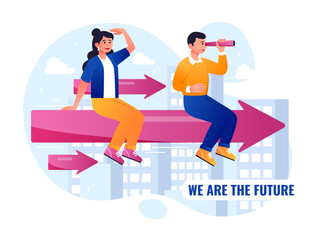 International youth day. Man and woman with binoculars sitting on big pink arrow and looking ahead. We future, goal setting and motivation, new generation holiday. Cartoon flat vector illustration