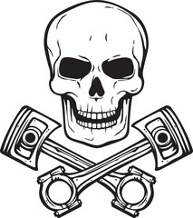 Human Skull with Crossed Engine Pistons Black and White. Vector Illustration.